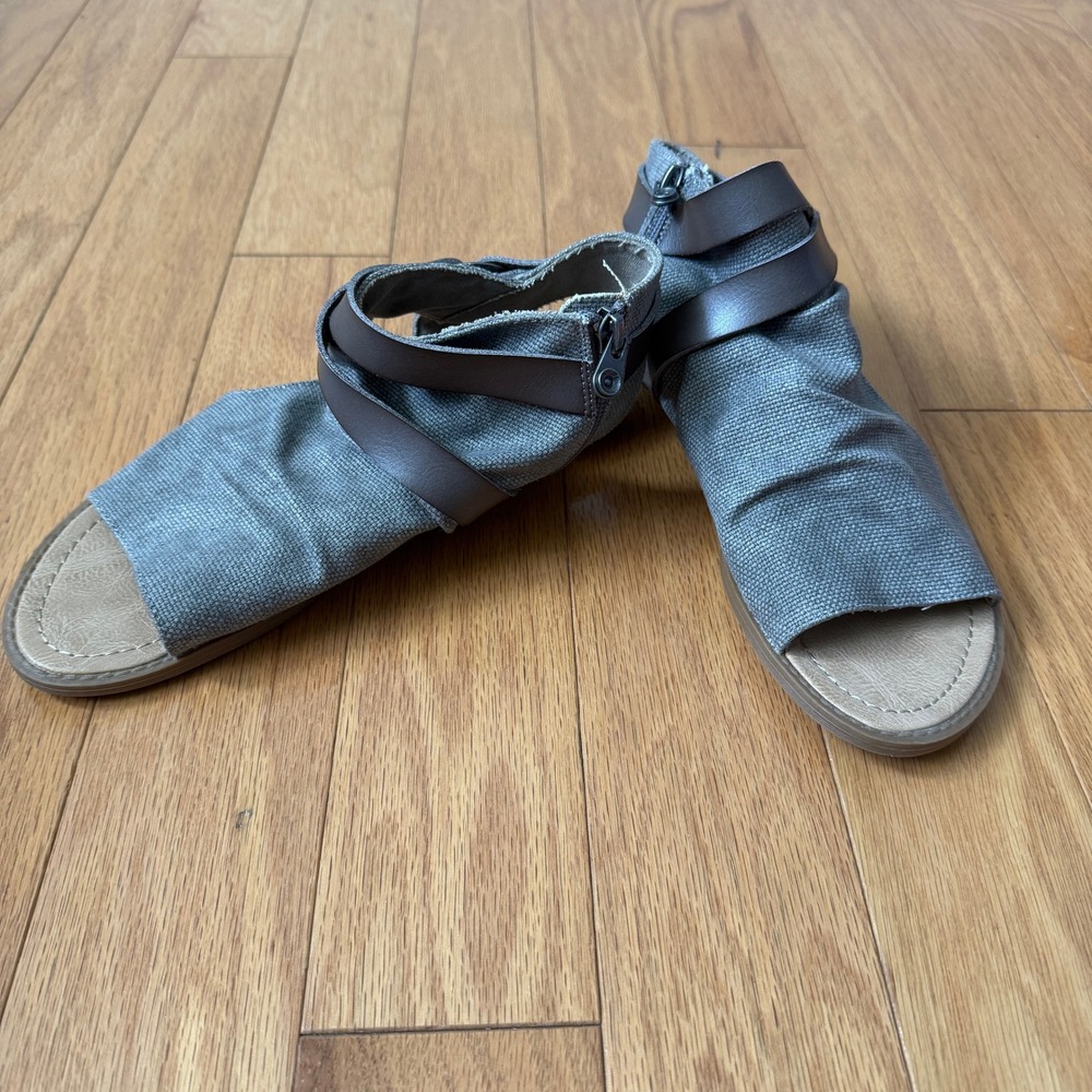Blowfish‎ Malibu 8 Gray Sandals Canvas Ruched Strappy Zip Boho Flat